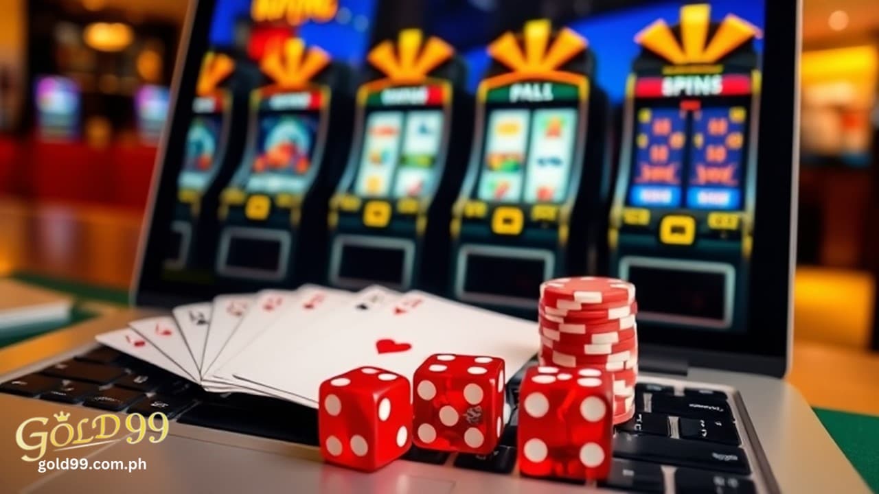 playing card, dice and casino chips, and a laptop showing slot machine