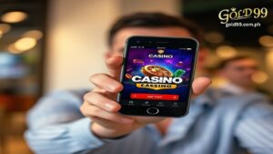 a man holding a mobile phone that's showing an online casino website