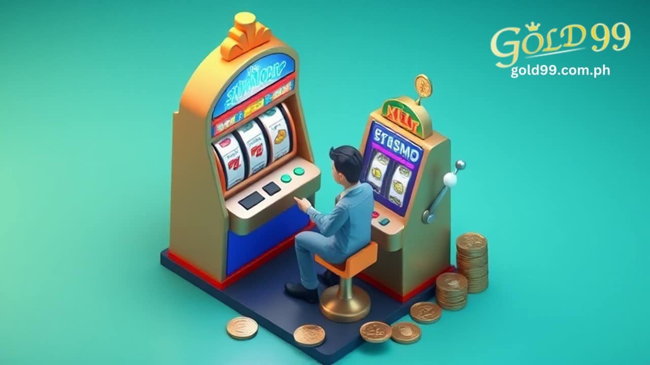 a man playing slot machine, with coins around