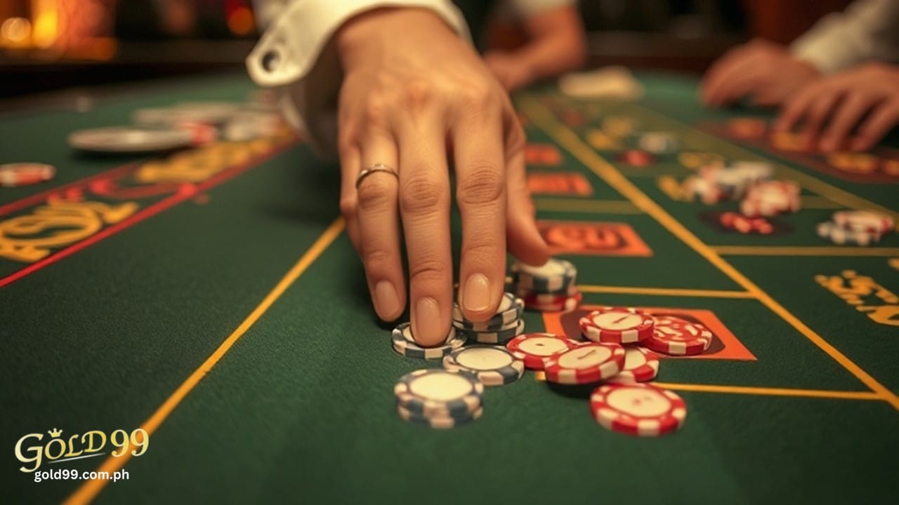 A hand places gambling chips on a casino table.