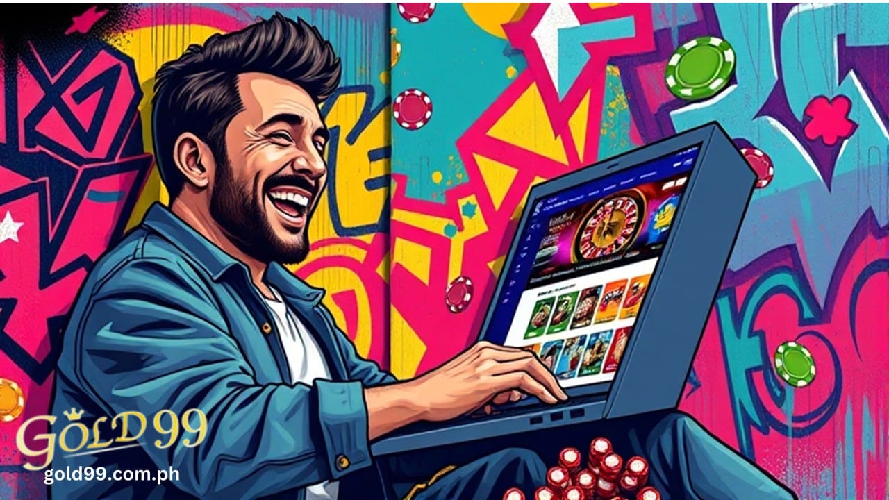 a man is happy playing in online gambling site