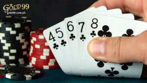 a chips and cards that shows a straight in poker